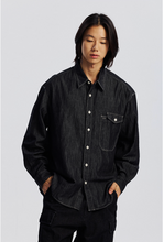 Load image into Gallery viewer, Utility Flap Pocket Denim Work Shirt - Black