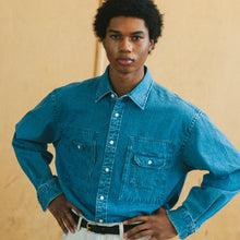 Load image into Gallery viewer, BLEACHED DENIM UTILITY SHIRT - MID BLUE
