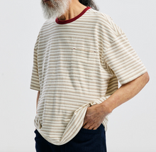 Load image into Gallery viewer, JACQUARD STRIPE HALF T-SHIRT - CREAM
