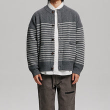 Load image into Gallery viewer, WOOL STRIPE ROUND CARDIGAN - CHARCOAL
