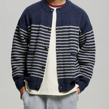 Load image into Gallery viewer, WOOL STRIPE ROUND CARDIGAN - NAVY
