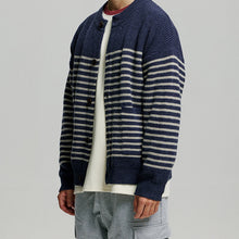 Load image into Gallery viewer, WOOL STRIPE ROUND CARDIGAN - NAVY
