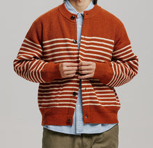 Load image into Gallery viewer, WOOL STRIPE ROUND CARDIGAN - BRICK
