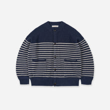 Load image into Gallery viewer, WOOL STRIPE ROUND CARDIGAN - NAVY
