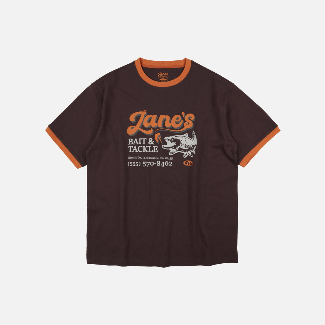 ZANE'S BAIT & TACKLE RINGER T-SHIRT - BROWN - THE GREAT DIVIDE